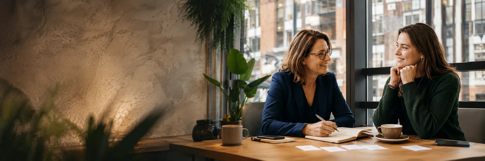 Tijdens een ontspannen sollicitatiegesprek stelt de interviewer creatieve sollicitatievragen die zorgen voor een open en persoonlijk gesprek.