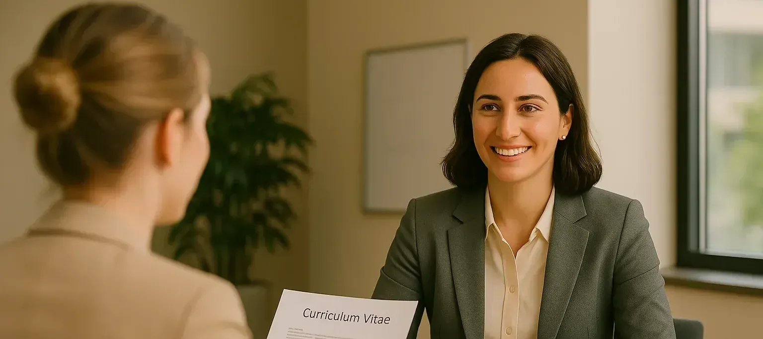 Solliciteren 2.0: Kandidaat zit lachend aan tafel tijdens een sollicitatiegesprek, terwijl de interviewer haar curriculum vitae vasthoudt.