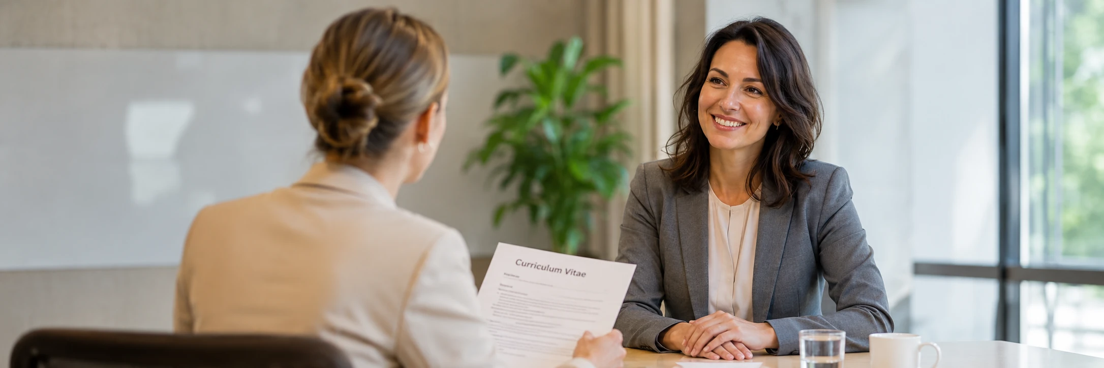 Solliciteren 2.0: Kandidaat zit lachend aan tafel tijdens een sollicitatiegesprek, terwijl de interviewer haar curriculum vitae vasthoudt.