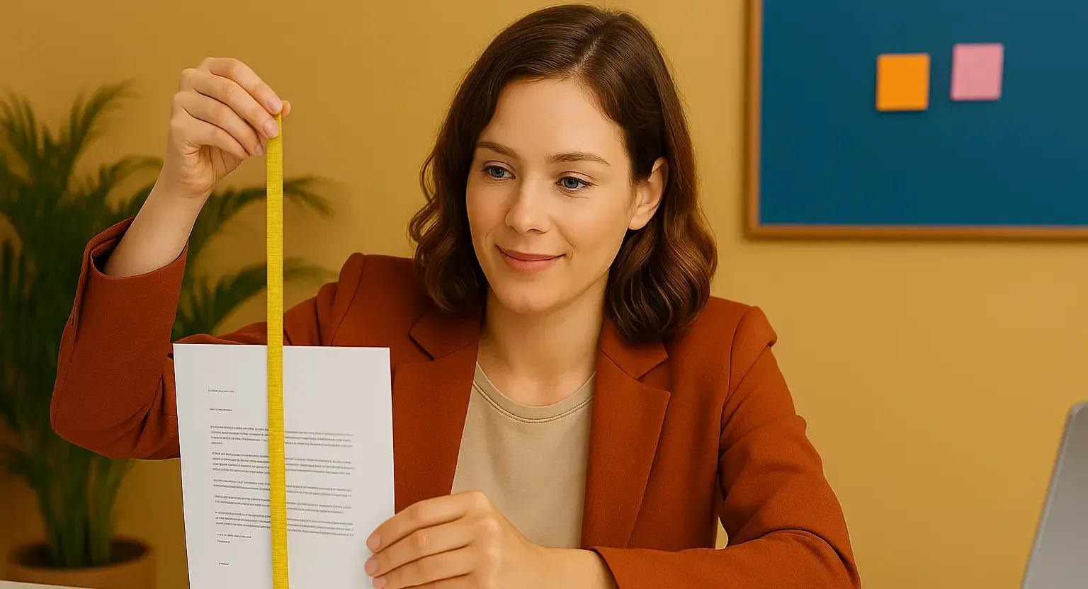 Vrouw die met een meetlint de lengte van haar motivatiebrief opmeet – want tja, hoe lang mag een motivatiebrief eigenlijk zijn?