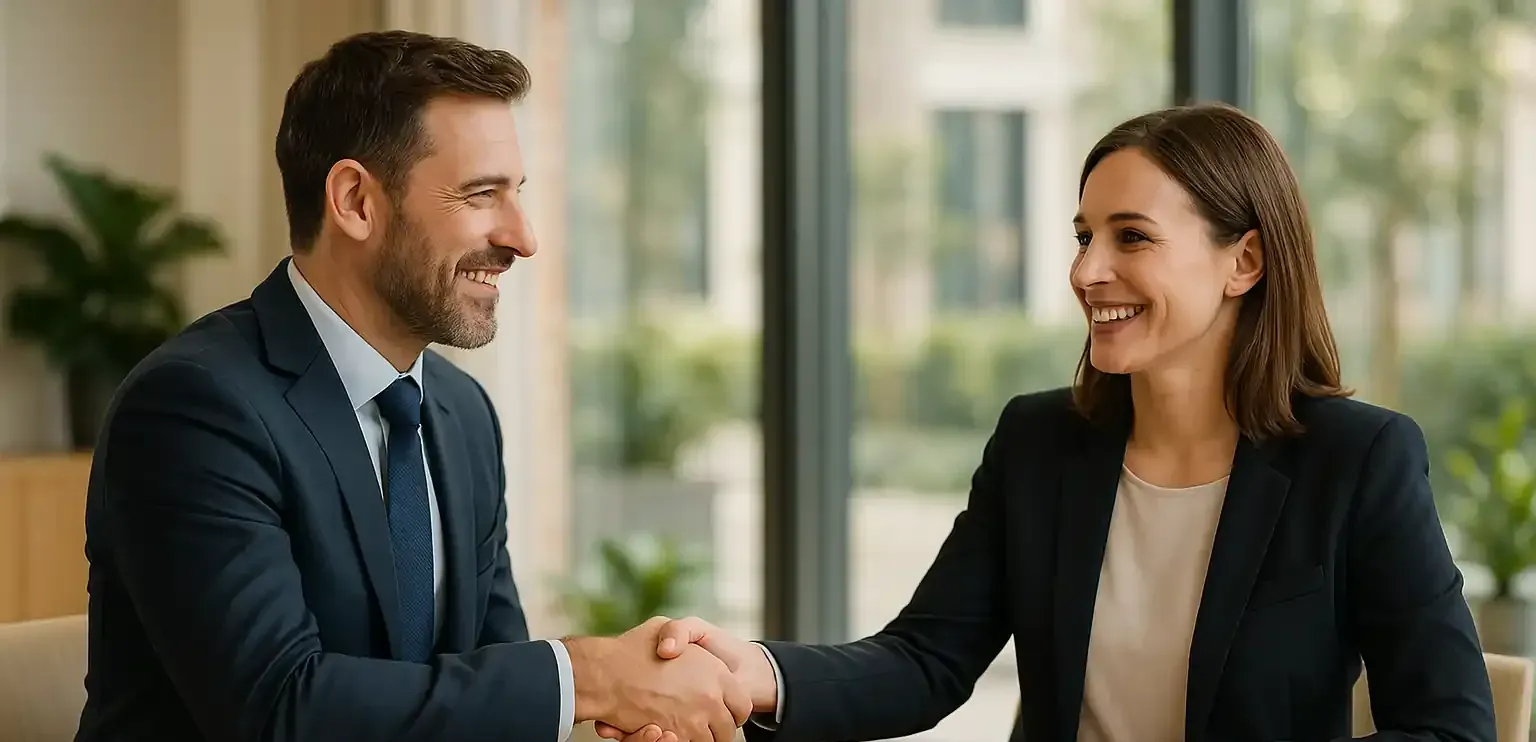 Een professioneel ogende man en vrouw schudden elkaar de hand in een modern kantoor, als symbolische start van een samenwerking via een detacheringsbureau.