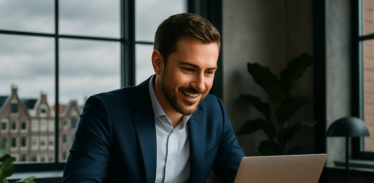 Jonge man maakt een lay out voor motivatiebrief op laptop