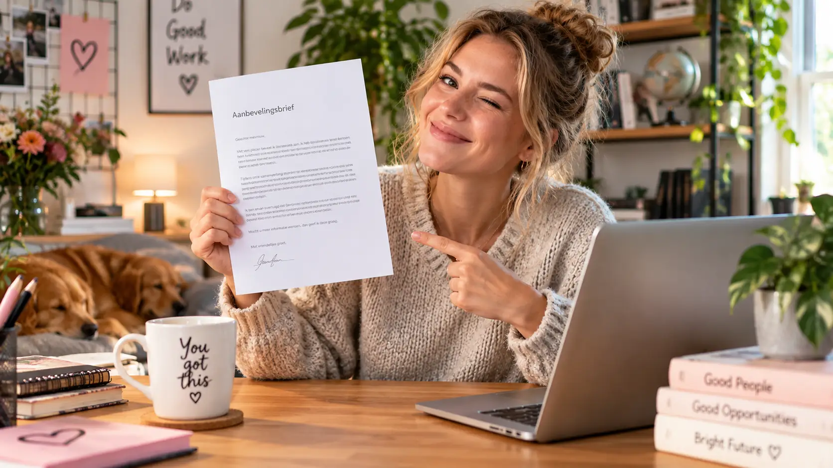 Vrouw houdt trots een aanbevelingsbrief omhoog aan haar bureau en wijst er glimlachend naar.