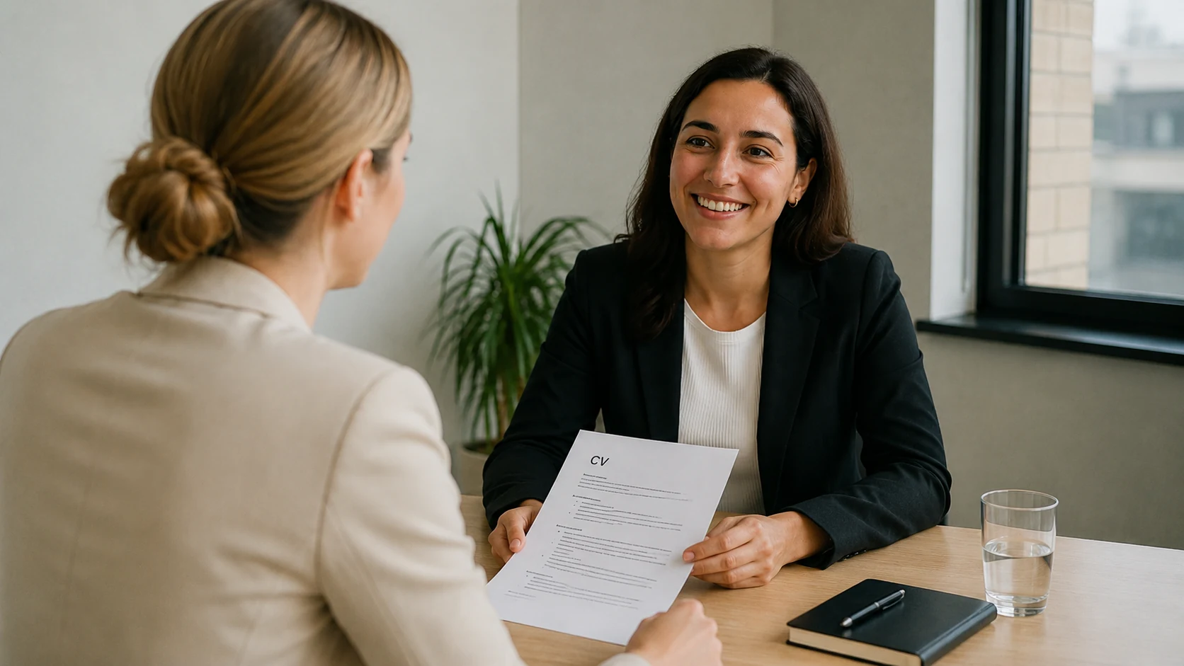Solliciteren 2.0: Tips voor een sollicitatiegesprek Solliciteren 2.0: Kandidaat zit lachend aan tafel tijdens een sollicitatiegesprek, terwijl de interviewer haar curriculum vitae vasthoudt.
