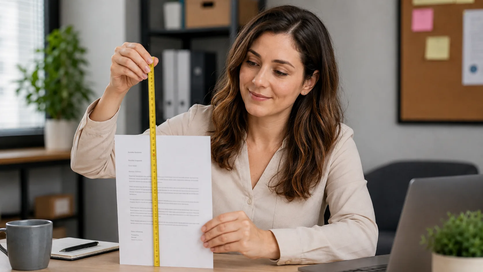 Lengte motivatiebrief Vrouw die met een meetlint de lengte van haar motivatiebrief opmeet – want tja, hoe lang mag een motivatiebrief eigenlijk zijn?