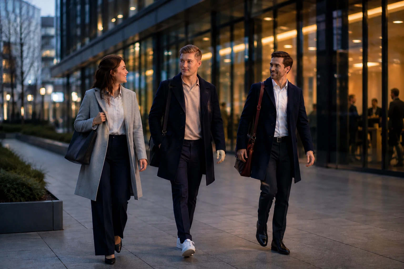 Collega's-lopen-op-straat Collega's lopen over straat voor kantoor